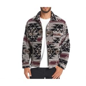 Mens Patterned Multi-Color Fleece Button Up Geometric Shacket Size Medium